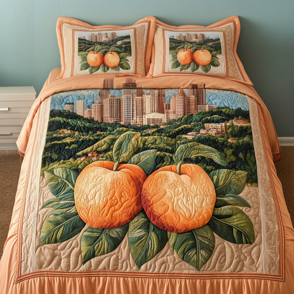 Peachy George Escape quilted 3-piece bedding set on a made bed with two matching pillow shams