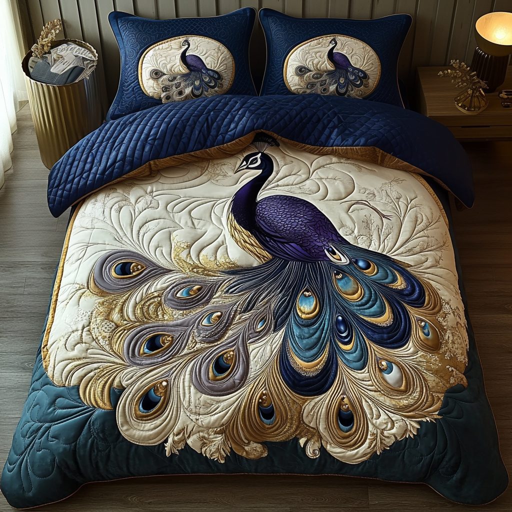 Peacock Beauty quilted 3-piece bedding set on a made bed with two matching pillow shams