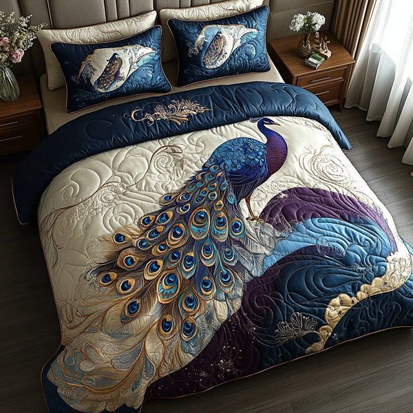 Peacock Bliss quilted 3-piece bedding set on a made bed with two matching pillow shams