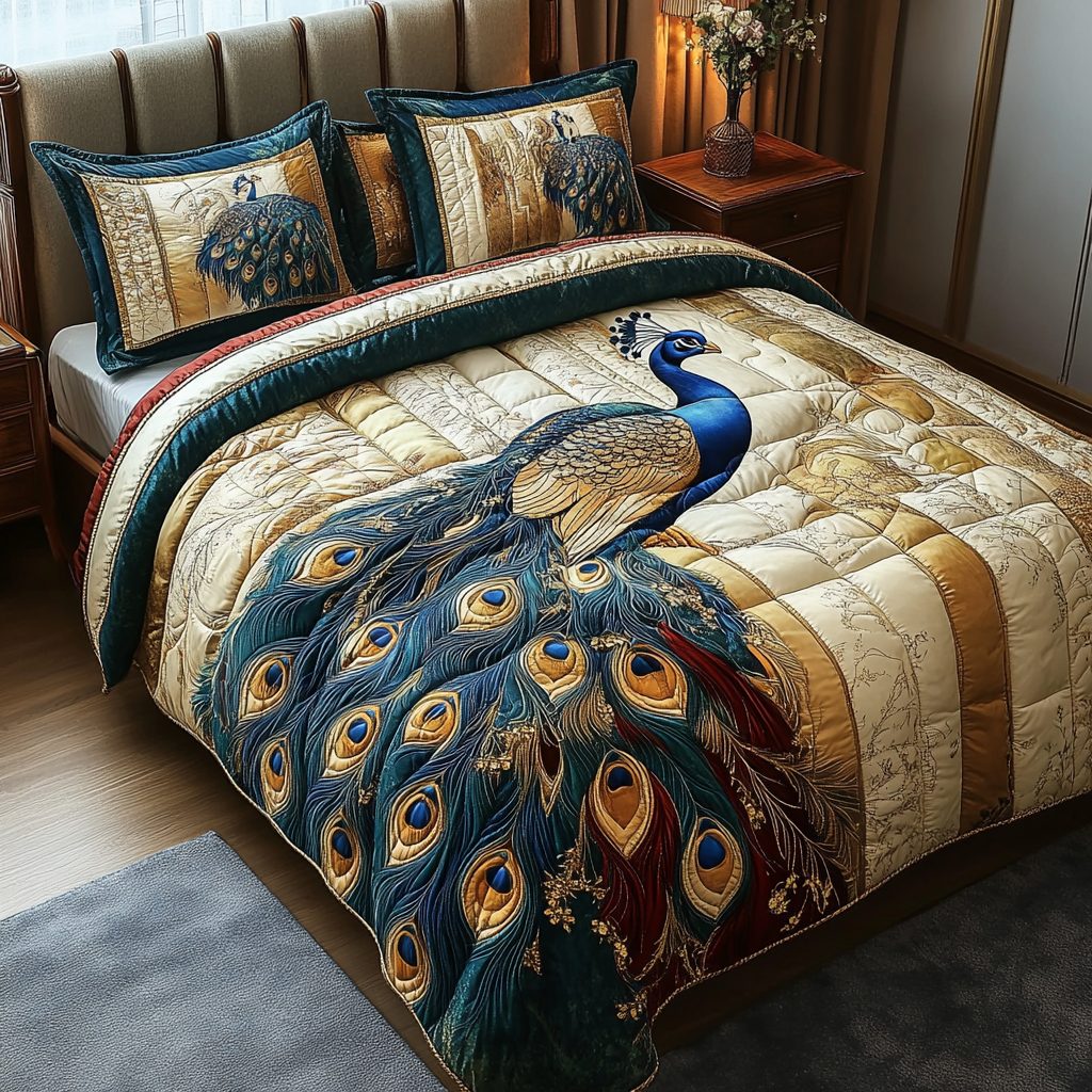 Peacock Charm quilted 3-piece bedding set on a made bed with two matching pillow shams