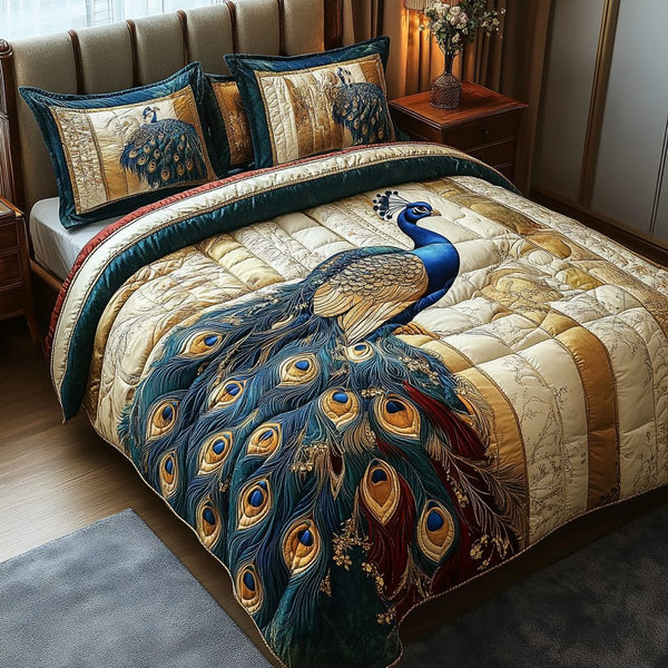 Peacock Charm quilted 3-piece bedding set on a made bed with two matching pillow shams