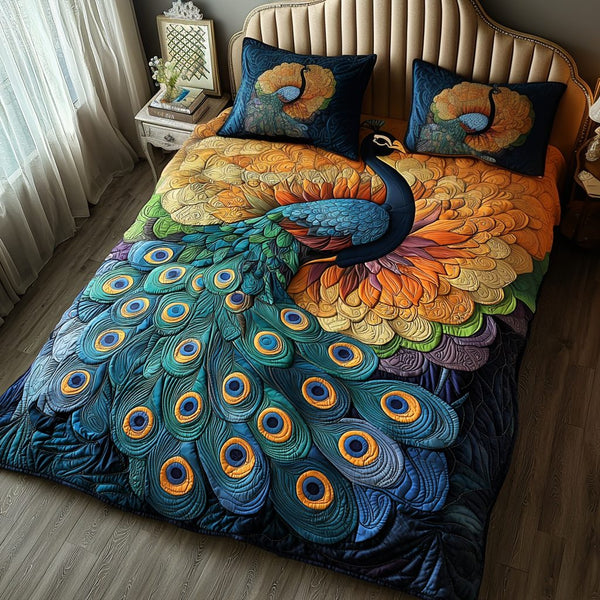 Peacock Charm quilted 3-piece bedding set on a made bed with two matching pillow shams