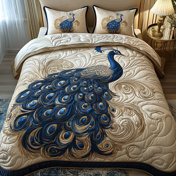 Peacock Dreams quilted 3-piece bedding set on a made bed with two matching pillow shams