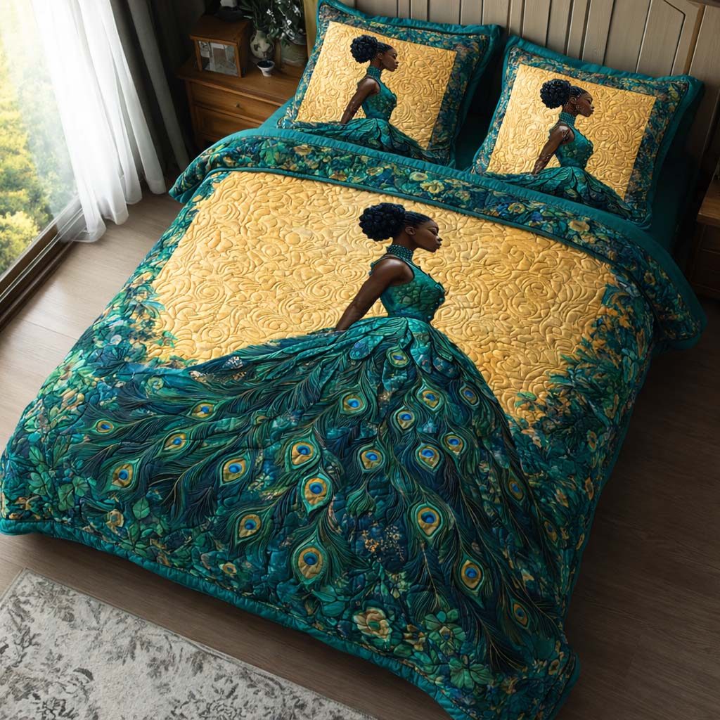 Peacock Elegance quilted 3-piece bedding set on a made bed with two matching pillow shams