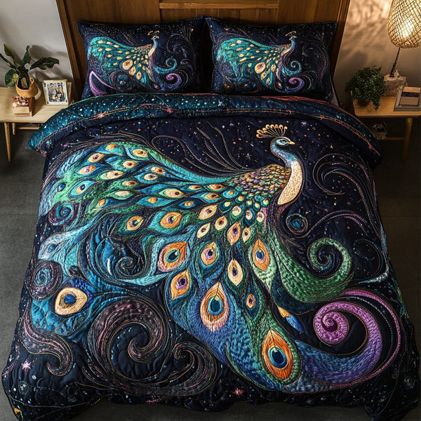 Peacock Elegance quilted 3-piece bedding set on a made bed with two matching pillow shams