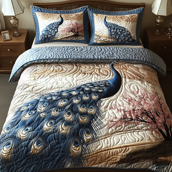 Peacock Elegance quilted 3-piece bedding set on a made bed with two matching pillow shams