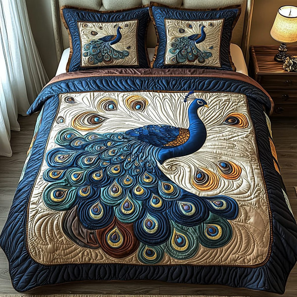 Peacock Elegance quilted 3-piece bedding set on a made bed with two matching pillow shams