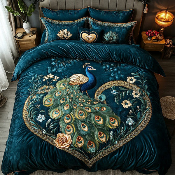 Peacock Elegance quilted 3-piece bedding set on a made bed with two matching pillow shams