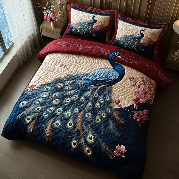 Peacock Glory quilted 3-piece bedding set on a made bed with two matching pillow shams