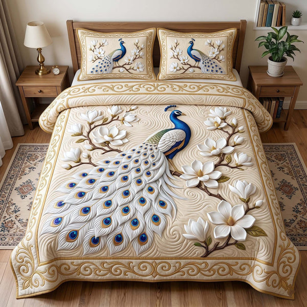 Peacock Majesty quilted 3-piece bedding set on a made bed with two matching pillow shams