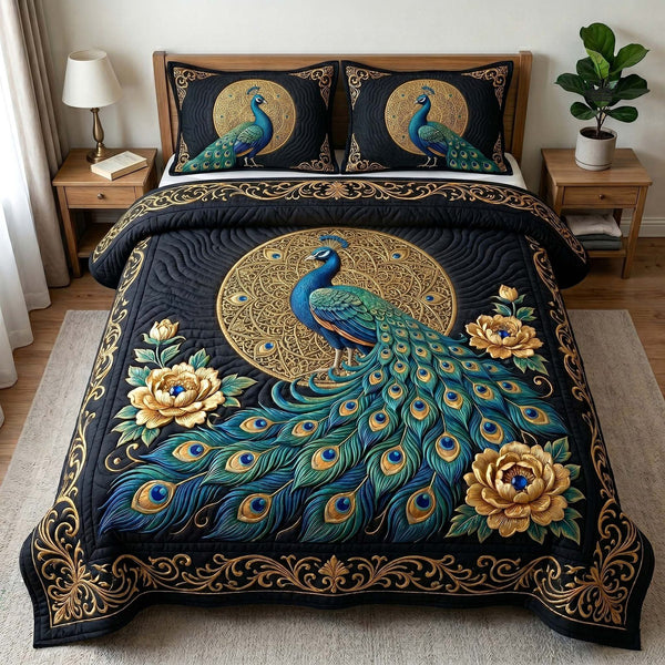 Peacock Majesty quilted 3-piece bedding set on a made bed with two matching pillow shams