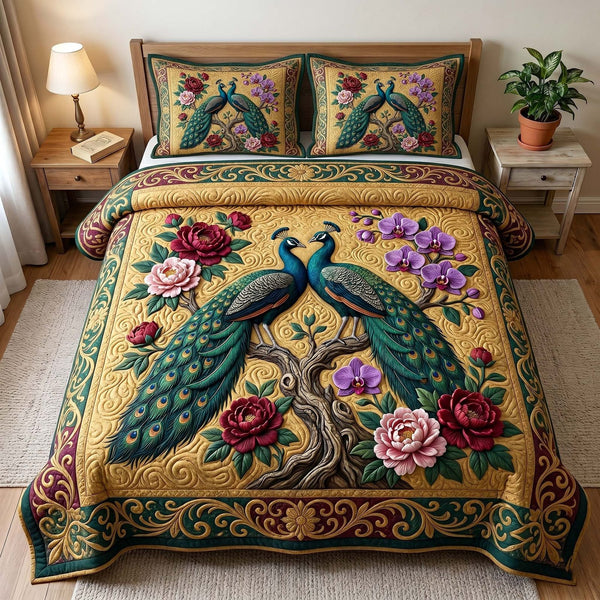 Peacock Majesty quilted 3-piece bedding set on a made bed with two matching pillow shams