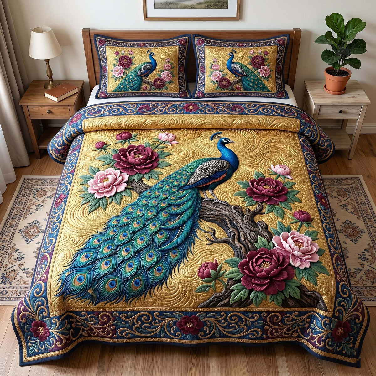 Peacock Majesty quilted 3-piece bedding set on a made bed with two matching pillow shams