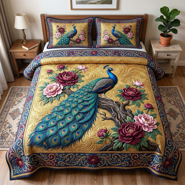 Peacock Majesty quilted 3-piece bedding set on a made bed with two matching pillow shams