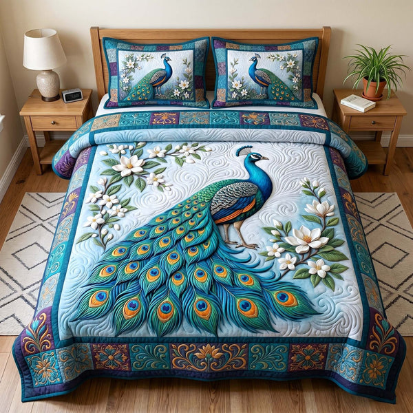 Peacock Majesty quilted 3-piece bedding set on a made bed with two matching pillow shams