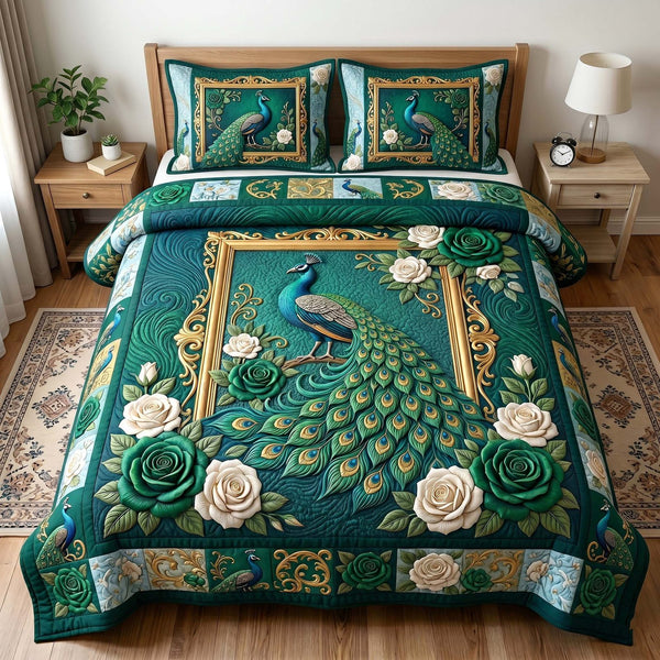 Peacock Majesty quilted 3-piece bedding set on a made bed with two matching pillow shams