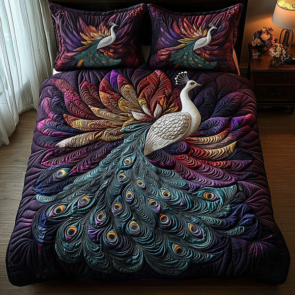 Peacock Mist quilted 3-piece bedding set on a made bed with two matching pillow shams