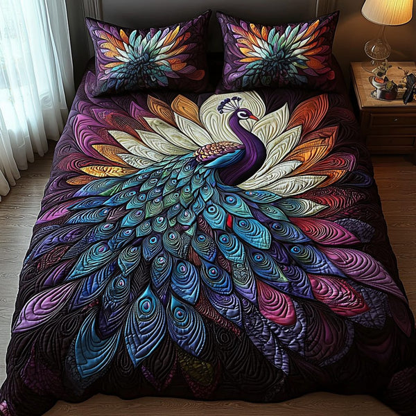 Peacock Night quilted 3-piece bedding set on a made bed with two matching pillow shams