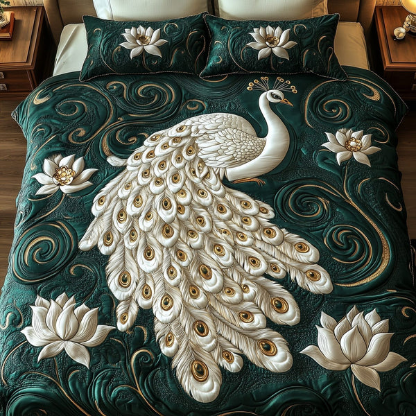Peacock Paradise quilted 3-piece bedding set on a made bed with two matching pillow shams