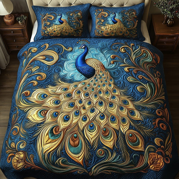 Peacock Paradise quilted 3-piece bedding set on a made bed with two matching pillow shams
