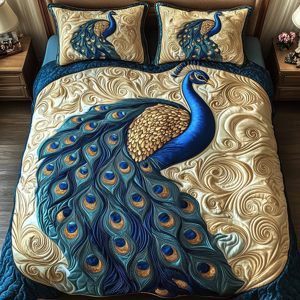 Peacock Paradise quilted 3-piece bedding set on a made bed with two matching pillow shams