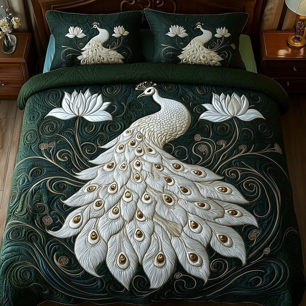 Peacock Paradise quilted 3-piece bedding set on a made bed with two matching pillow shams