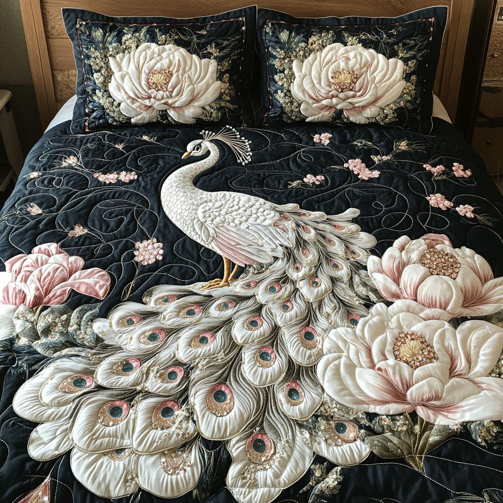 Peacock Paradise quilted 3-piece bedding set on a made bed with two matching pillow shams