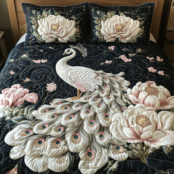 Peacock Paradise quilted 3-piece bedding set on a made bed with two matching pillow shams