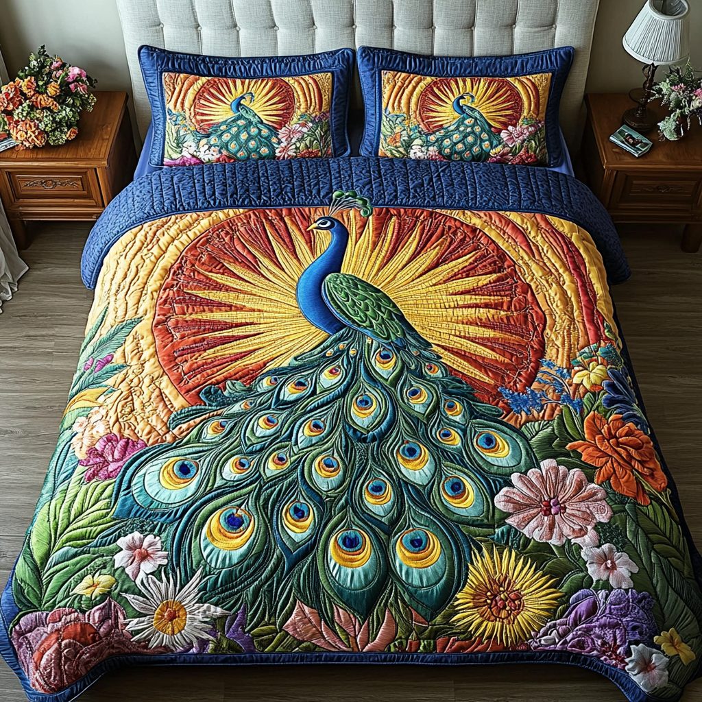 Peacock Paradise quilted 3-piece bedding set on a made bed with two matching pillow shams