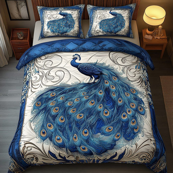 Peacock Pride quilted 3-piece bedding set on a made bed with two matching pillow shams