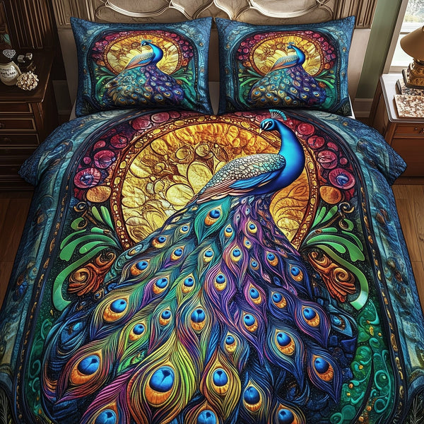 Peacock quilted 3-piece bedding set on a made bed with two matching pillow shams