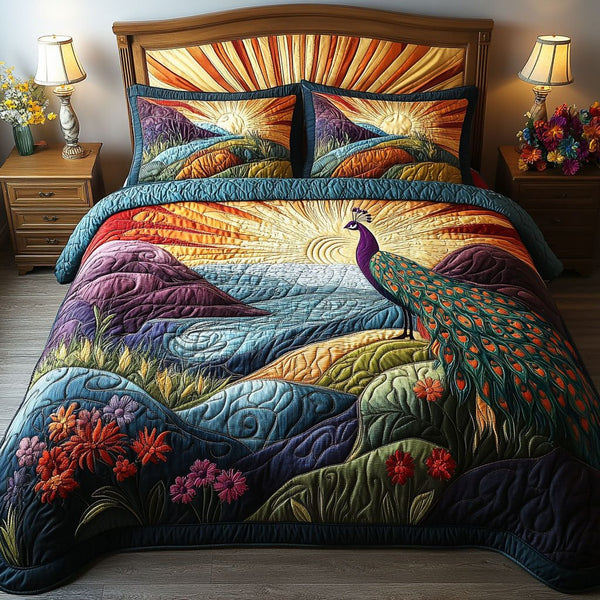 Peacock Serenity quilted 3-piece bedding set on a made bed with two matching pillow shams