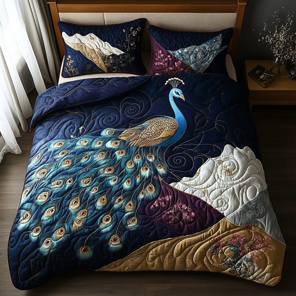 Peacock Splendor quilted 3-piece bedding set on a made bed with two matching pillow shams