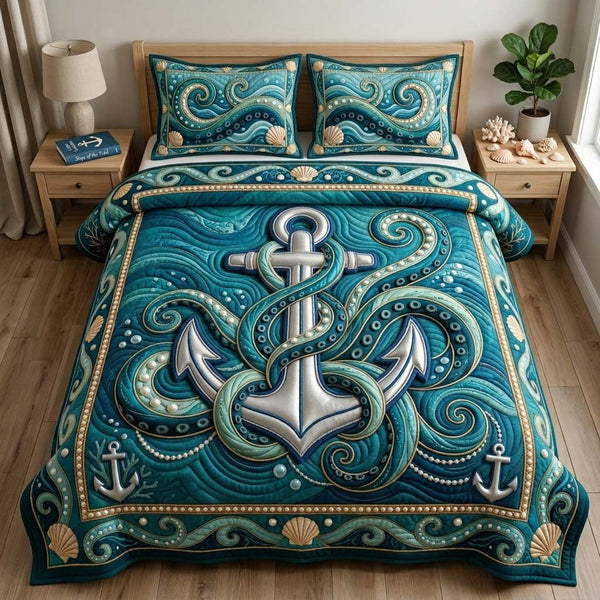 Pearl Anchor Tide quilted 3-piece bedding set on a made bed in a light coastal bedroom