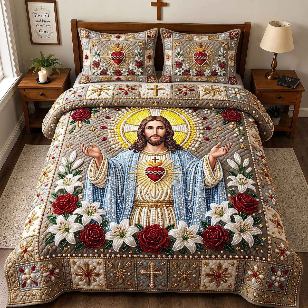 Pearl Blessings quilted 3-piece bedding set on a made bed with two matching pillow shams