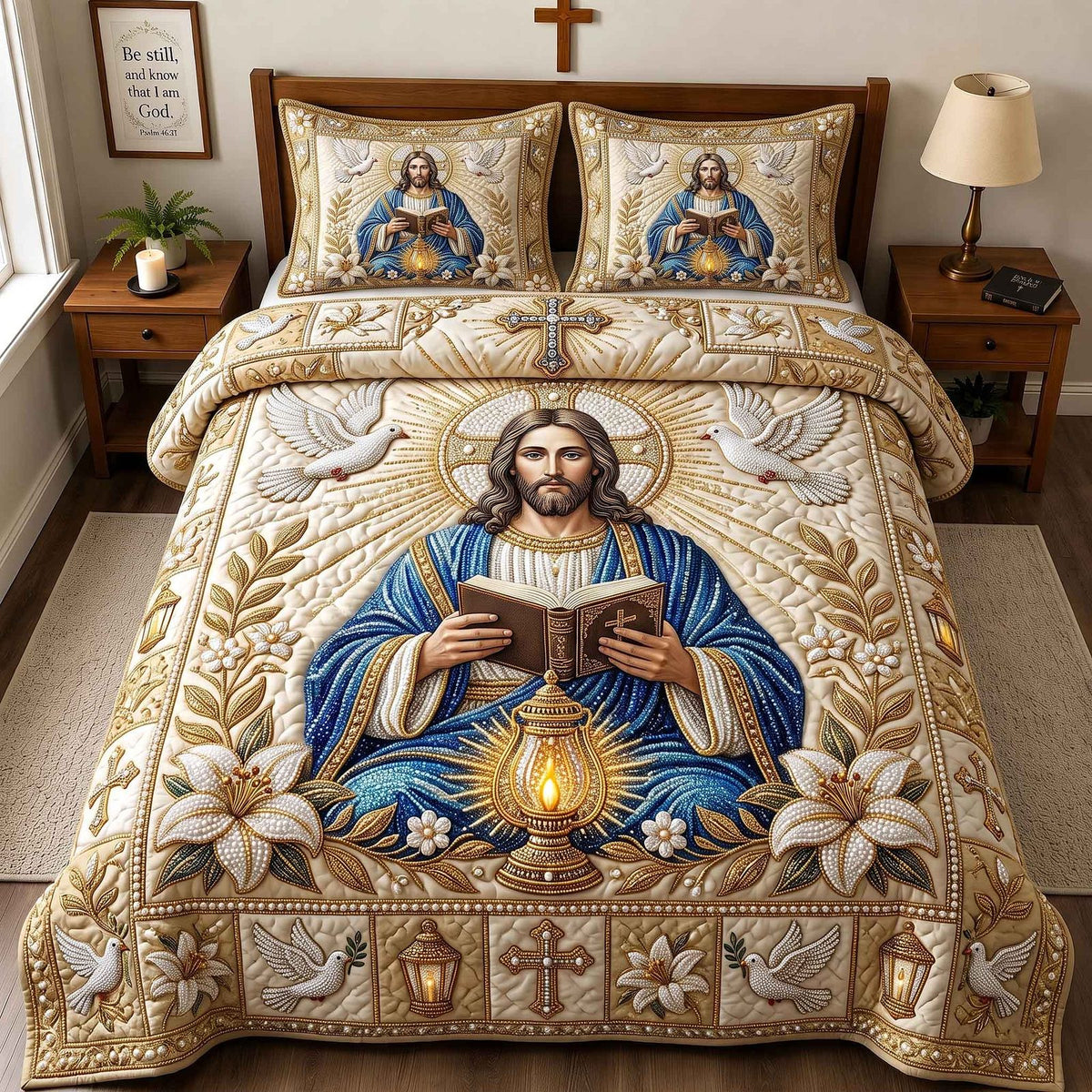 Pearl Blessings quilted 3-piece bedding set on a made bed with two matching pillow shams