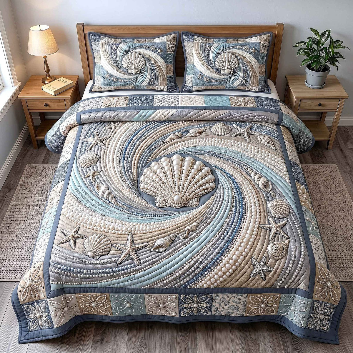 Pearl Coastal Whisper quilted 3-piece bedding set on a made bed in a light coastal bedroom