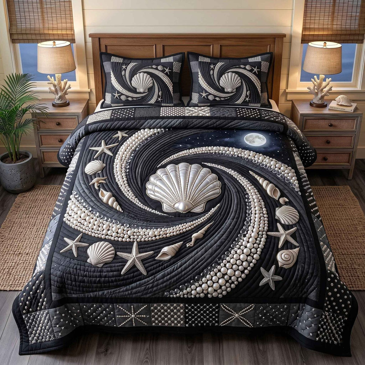 Pearl Coastal Whisper quilted 3-piece bedding set on a made bed in a light coastal bedroom