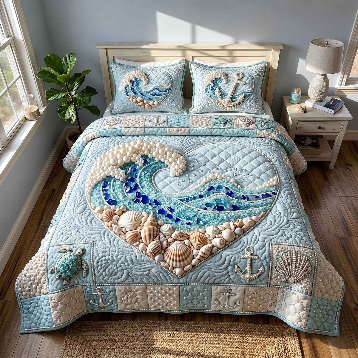 Pearl Coastal Whisper quilted 3-piece bedding set on a made bed in a light coastal bedroom