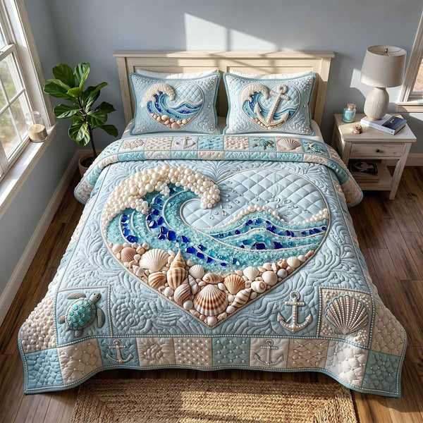 Pearl Coastal Whisper quilted 3-piece bedding set on a made bed in a light coastal bedroom