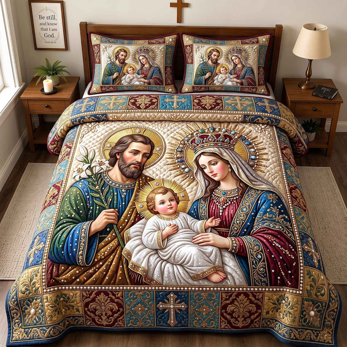 Pearl Holy Family quilted 3-piece bedding set on a made bed in a softly lit bedroom