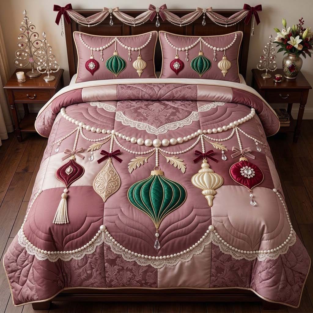 Pearl Lace Ornament Garland quilted 3-piece bedding set on a made bed with two matching pillow shams
