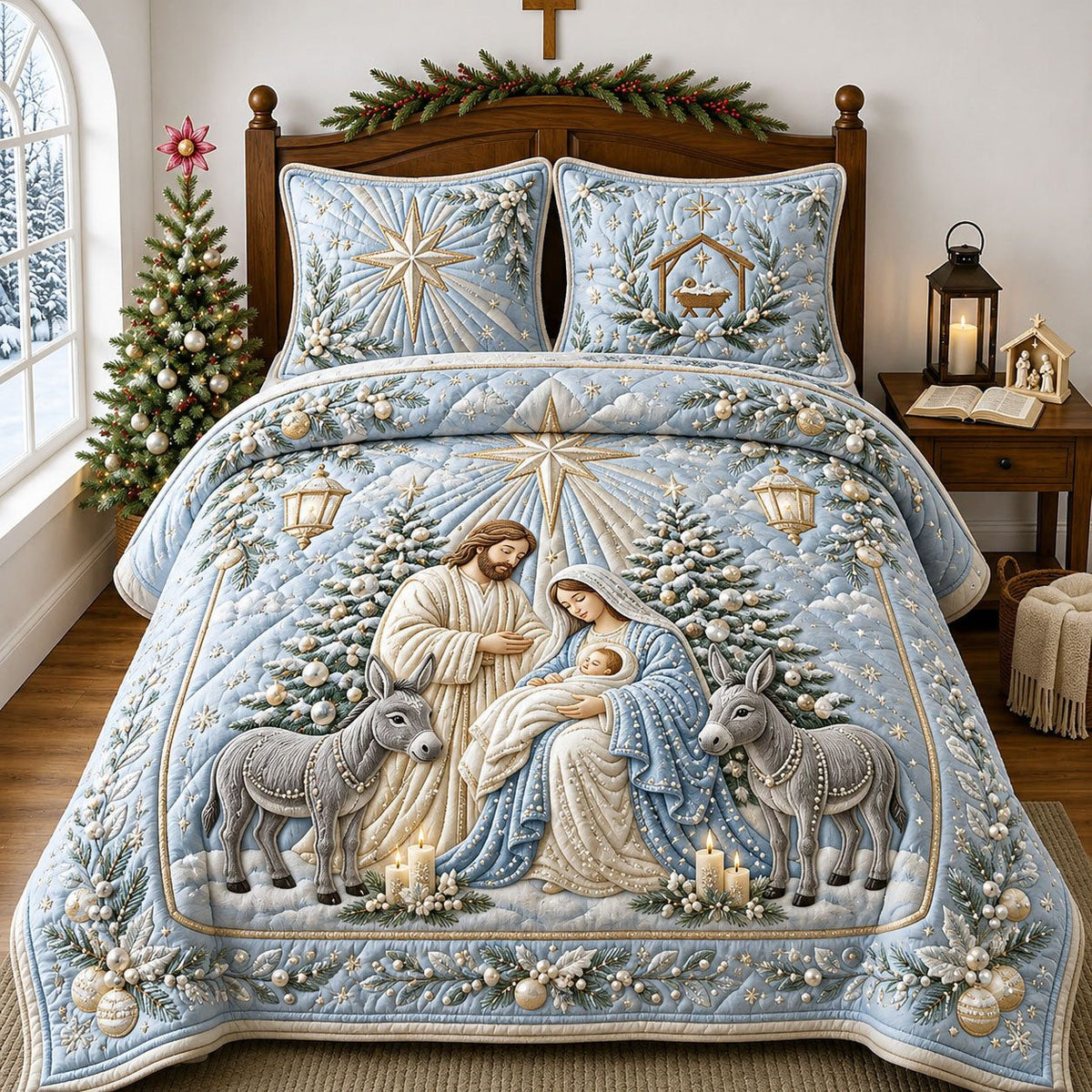 Pearl Nativity quilted 3-piece bedding set on a made bed in a winter-styled bedroom