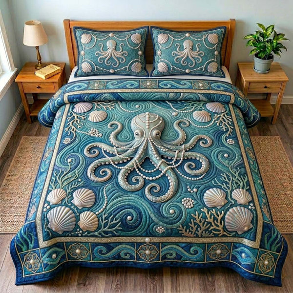 Pearl Reef Octopus quilted 3-piece bedding set on a made bed in a light coastal bedroom