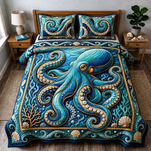 Pearl Tentacle Ocean quilted 3-piece bedding set on a made bed in a light coastal bedroom