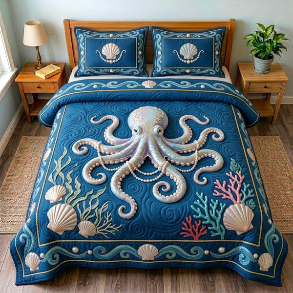 Pearl Tide Octopus quilted 3-piece bedding set on a made bed in a light coastal bedroom