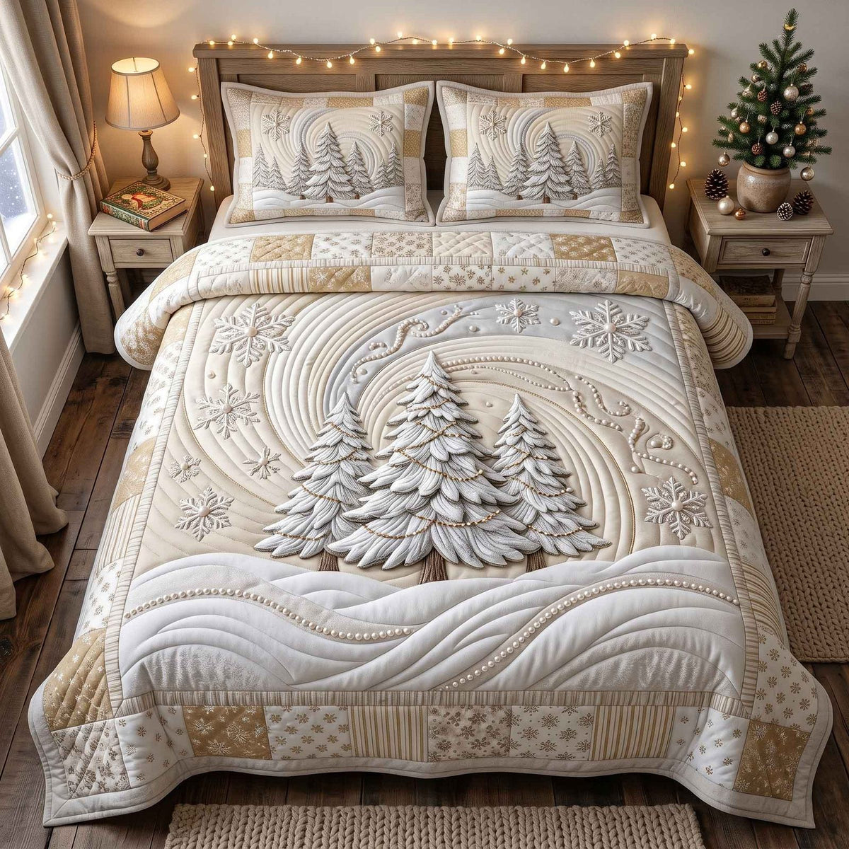 Pearl Winter Wonderland quilted 3-piece bedding set on a made bed in a winter-styled bedroom