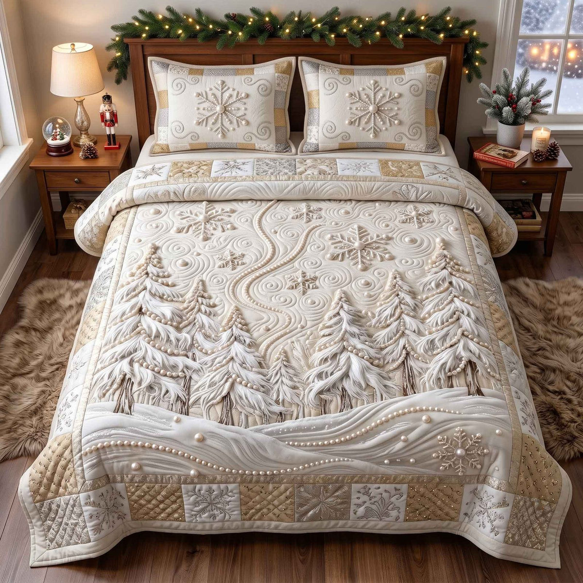 Pearl Winter Wonderland quilted 3-piece bedding set on a made bed in a winter-styled bedroom