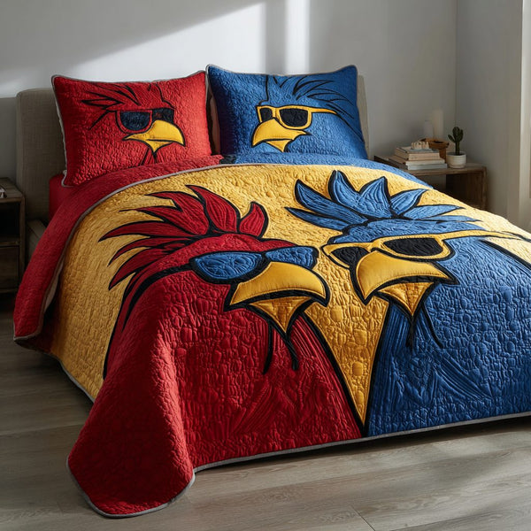 Peck And Slay quilted 3-piece bedding set on a made bed with two matching pillow shams
