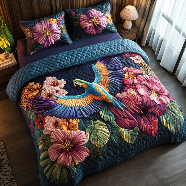 Peck of Color quilted 3-piece bedding set on a made bed with two matching pillow shams